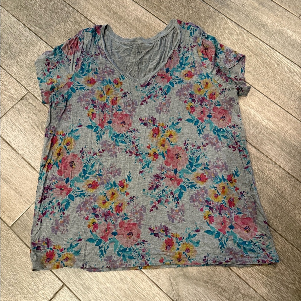 torrid Gray Floral V-Neck Tee with Pink, Yellow & Teal Flowers